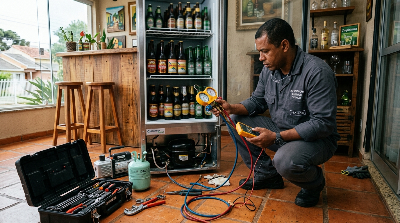 Técnico realizando manutenção de motor de cervejeira em Natal‑RN